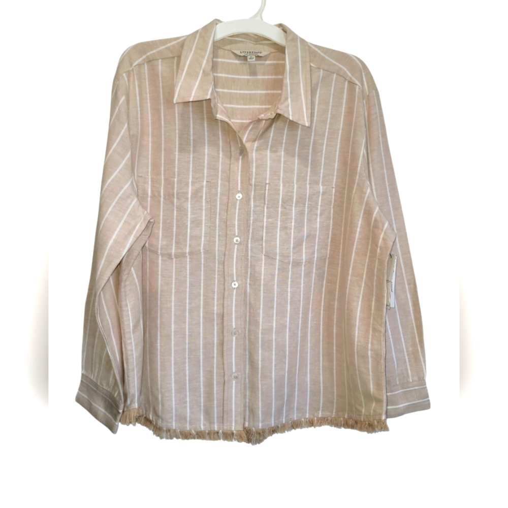 XL LIVERPOOL Linen Blend Striped Button Down Fringe Hem Lagenlook Shirt - Picture 6 of 8